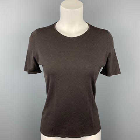 TSE Size M Brown Knitted Wool Short Sleeve Pullover