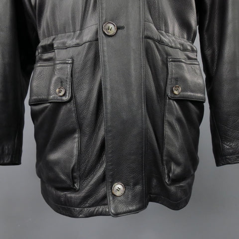 LORO PIANA 44 Black Leather Drawstring Waist Cashmere Lining 'Horsey'  Jacket