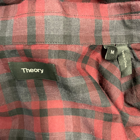 THEORY Size M Burgundy Charcoal Plaid Cotton Button Up Long Sleeve Shirt