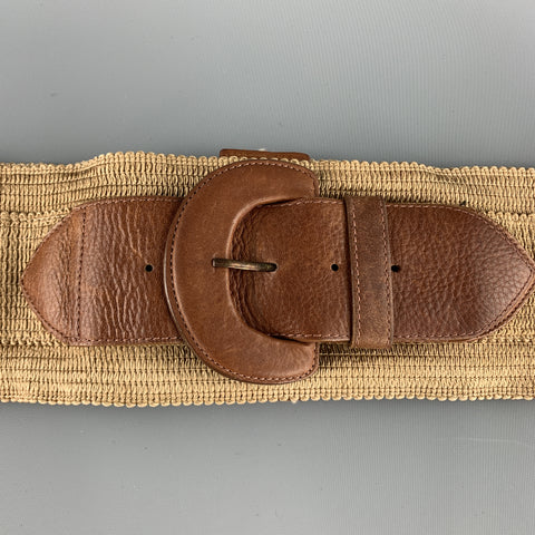 DONNA KARAN Size 4 Woven Beige Leather Buckle Elastic Waist Belt