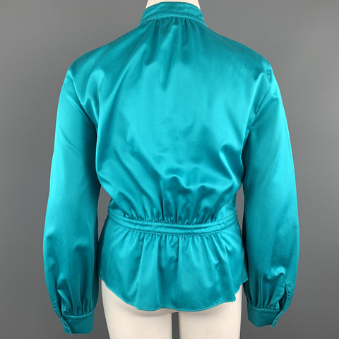 ESCADA Size 12 Turquoise Cotton Sateen Band Collar Tied Blouse
