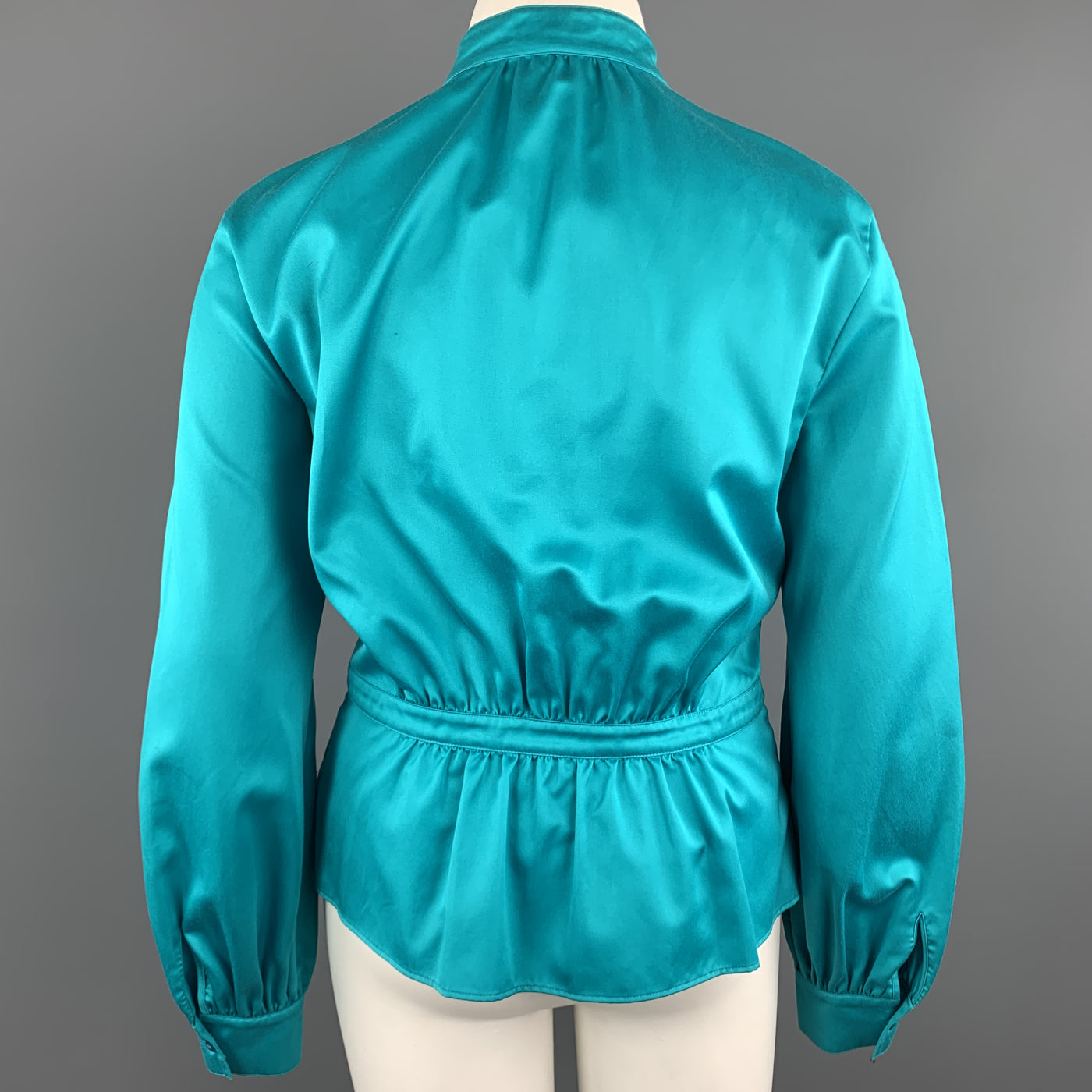 ESCADA Size 12 Turquoise Cotton Sateen Band Collar Tied Blouse