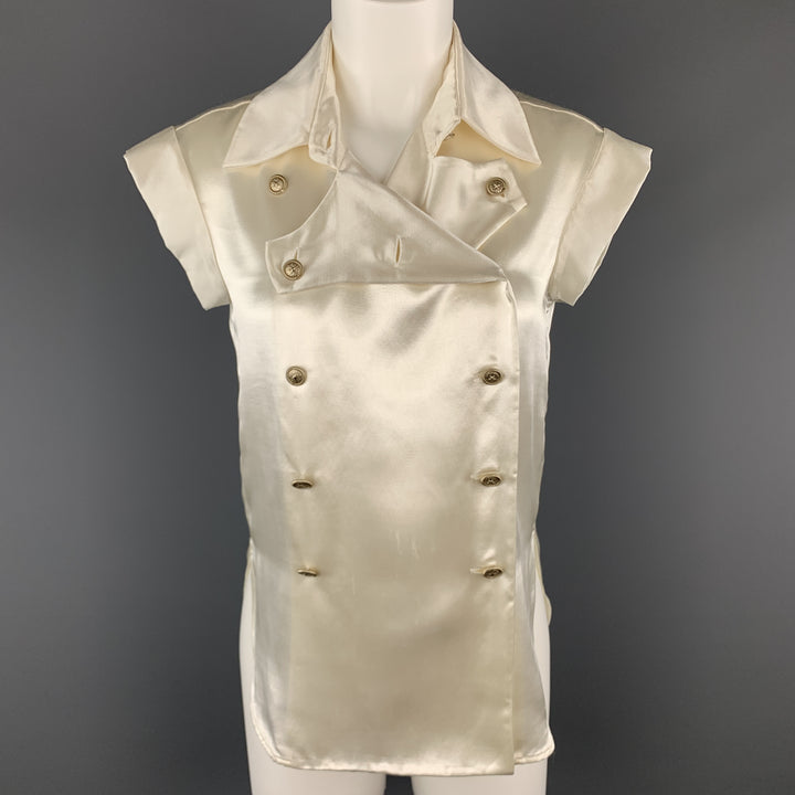 CHANEL Size 4 Cream Satin Double Breasted Military Blouse
