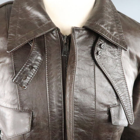 BALENCIAGA Size S Brown Leather Collared Cropped Bomber Jacket