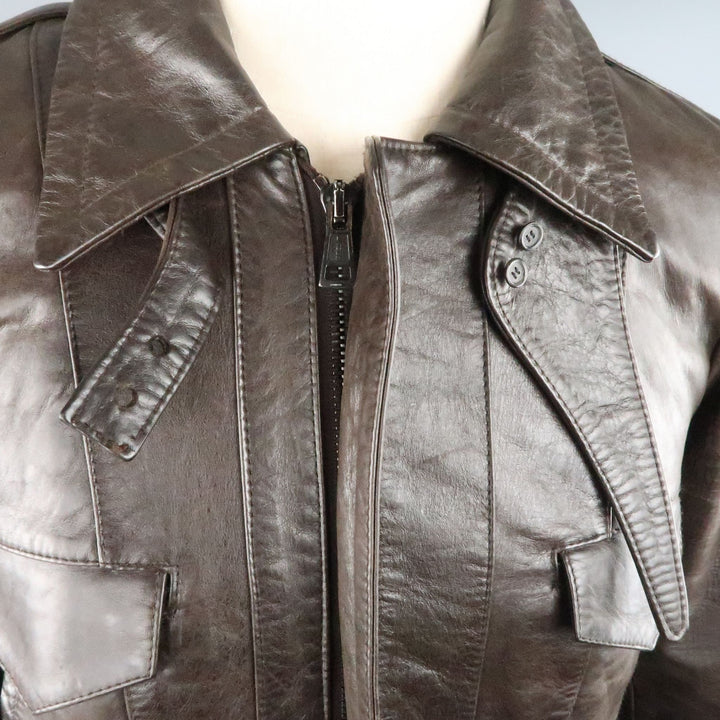 BALENCIAGA Size S Brown Leather Collared Cropped Bomber Jacket