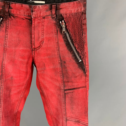 PIERRE BALMAIN Size 28 Red Black Wash Denim Zip Up Jeans