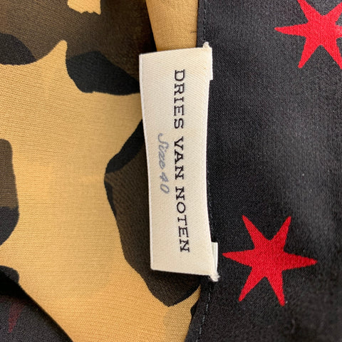 DRIES VAN NOTEN Taille 8 Blouse à manches longues étoiles en soie rouge noir