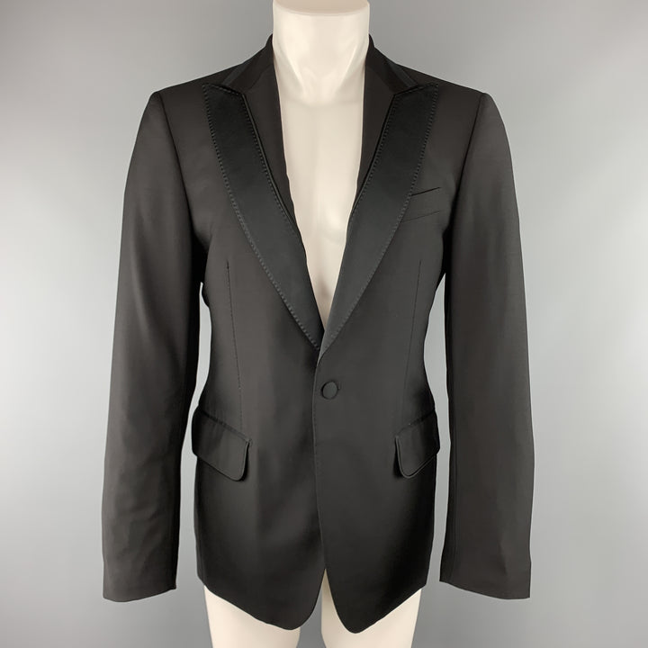SALVATORE FERRAGAMO Size 40 Black Wool Satin Panel Peak Lapel Sport Coat