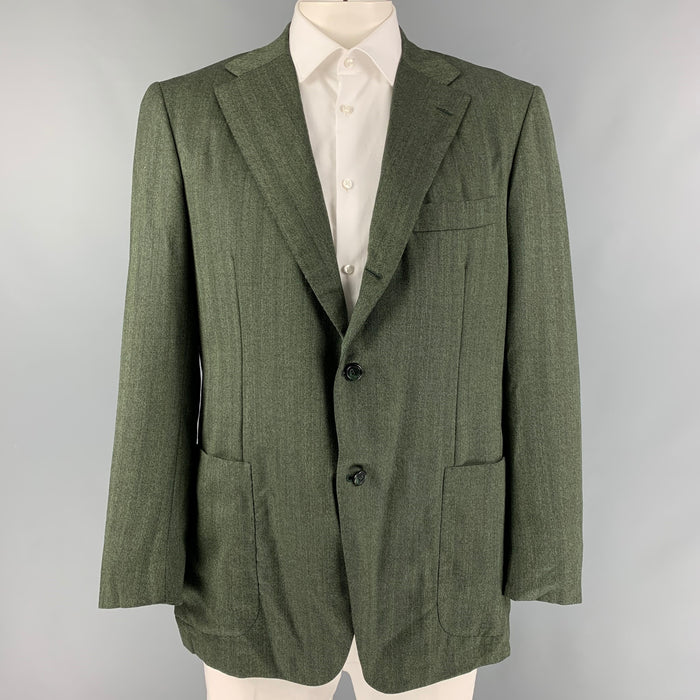 KITON Size 44 Green Herringbone Wool Notch Lapel Sport Coat