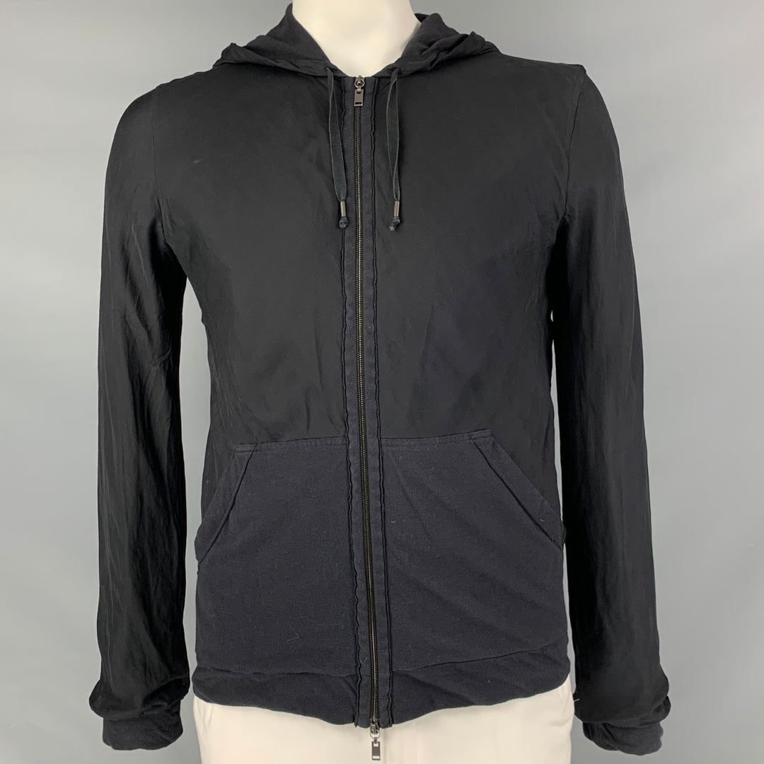 LANVIN Size L Black Mixed Fabrics Silk Cotton Zip Up & Hood Sweatshirt