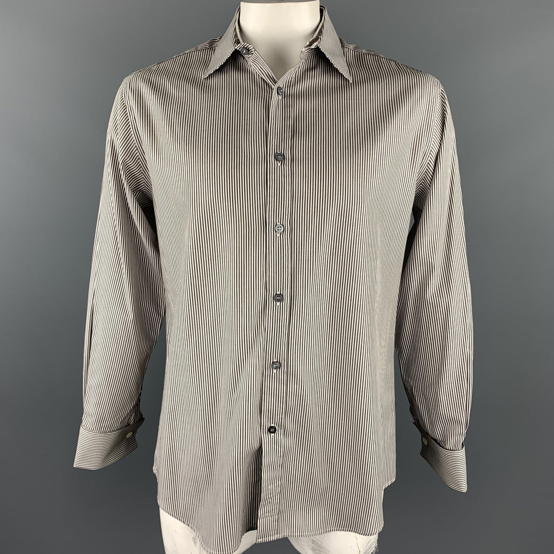 PAUL SMITH Talla L Camisa de manga larga con puño francés de algodón a rayas grises