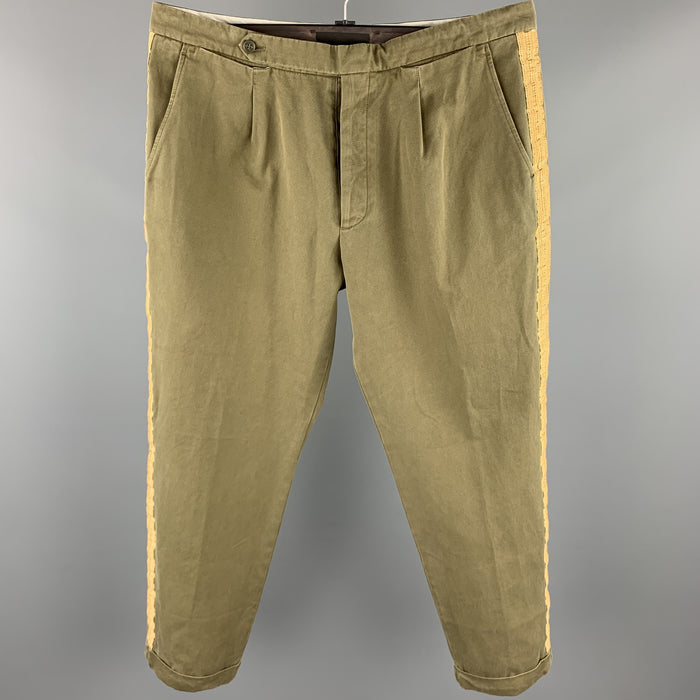 PALM ANGELS Size 38 Olive Cotton Gold Ribbon Stripe Button Fly Pleated Dress Pants