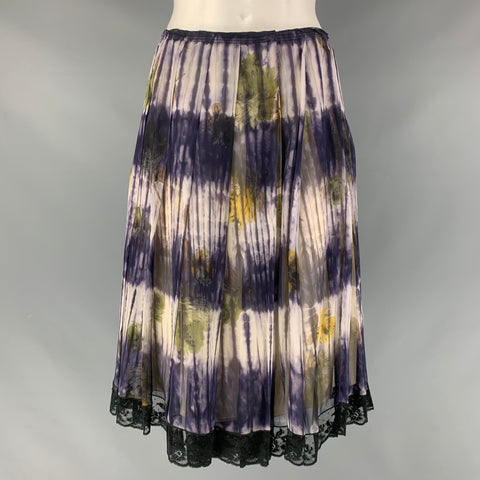 PRADA Taille 4 Jupe plissée florale en soie violette et crème