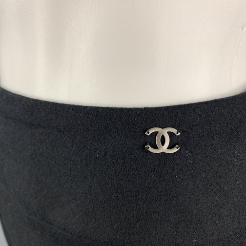 CHANEL Size 2 Black Wool Zip Fly Zip Pocket Silver Logo Dress Pants