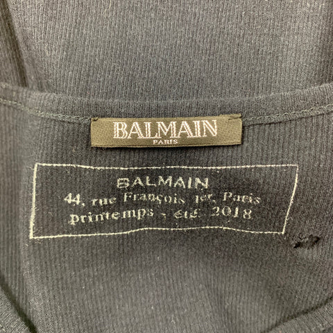 BALMAIN SS18 Size M Navy Blue Distressed Cotton Destroyed Long T-shirt