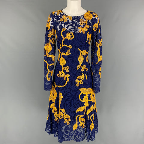 OSCAR DE LA RENTA Resort 2016 Talla 4 Vestido de cóctel bordado en mezcla de algodón amarillo azul