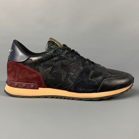 VALENTINO Size 10 Navy Burgundy Stars Leather Rockrunner Sneakers