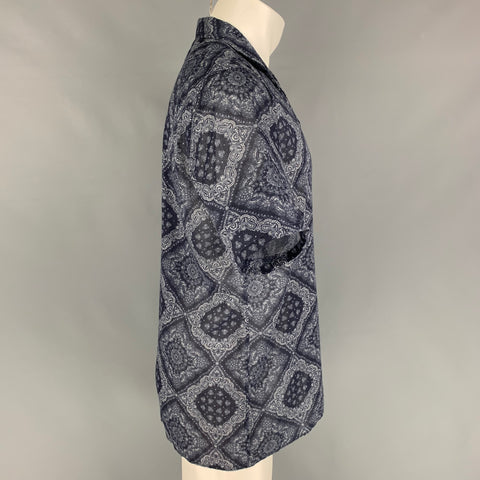 OFFICINE GENERALE Size M Navy White Handkerchief Cotton Short Sleeve Shirt