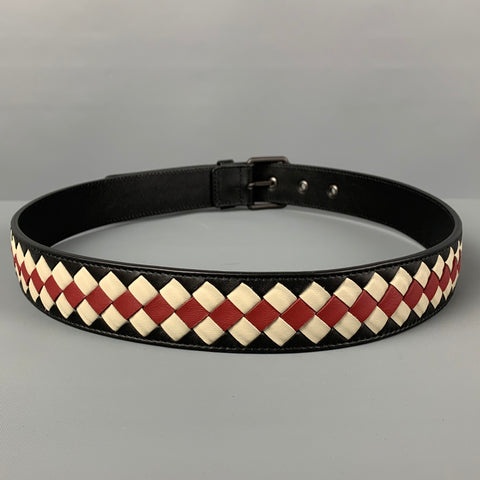 BOTTEGA VENETA Size 34 Black Red White Woven Leather Belt
