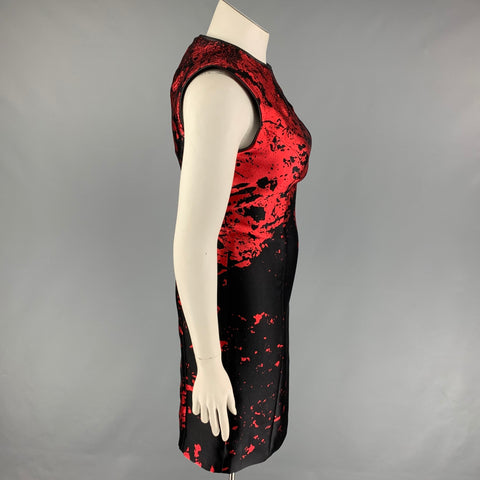 MONIQUE LHUILLIER Size 10 Red Black Wool Lycra Abstract Sheath Dress