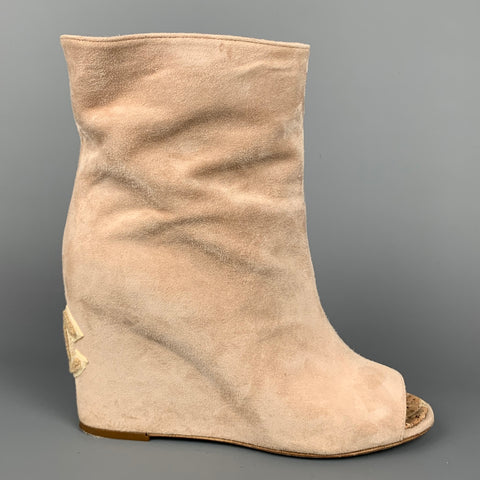 CHANEL Talla 6.5 Botines peep toe de ante beige