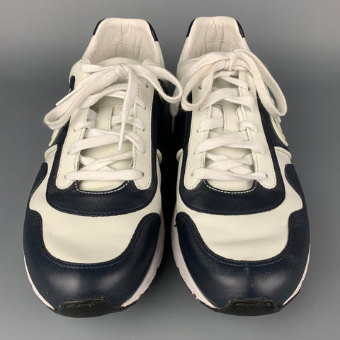 GUCCI Size 9 White & Navy Color Block Leather Lace Up Sneakers
