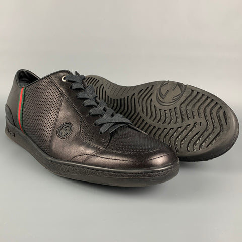 GUCCI Size 12 Black Perforated Leather Low Top Sneakers