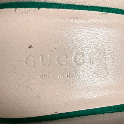 GUCCI GG Marmont 2.0 Size 7.5 Green Suede Fringe Chunky Heel Pumps