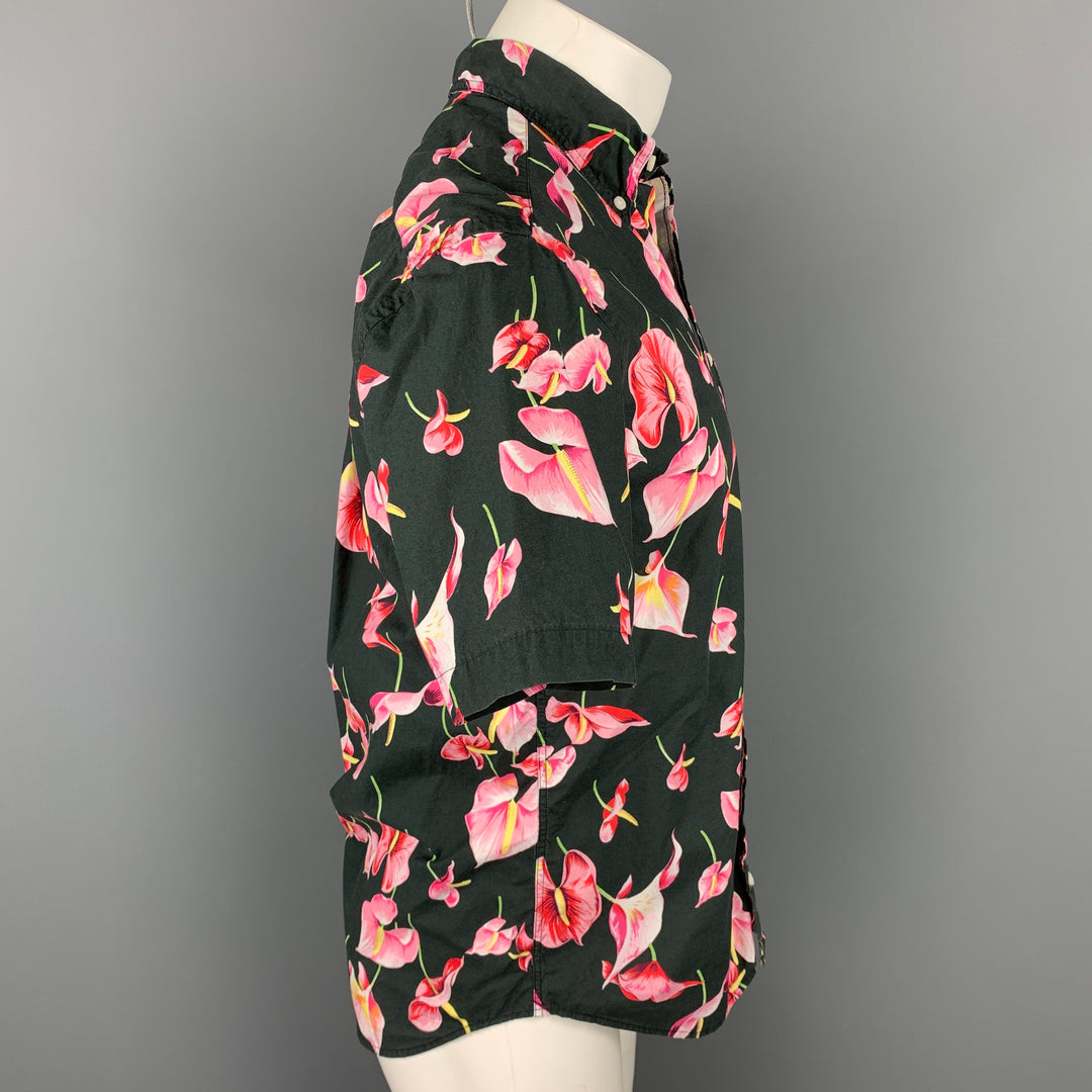 GITMAN VINTAGE Size M Black & Pink Floral Cotton Button Down Short Sleeve Shirt