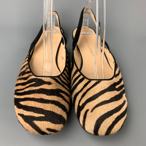 RALPH LAUREN Talla 8.5 Zapatos planos de pelo de becerro con estampado de cebra en beige y marrón