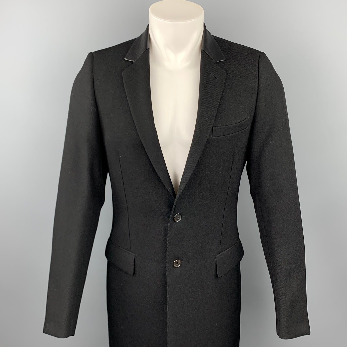 DIOR HOMME Fall 2015 Size 38 Black Wool Leather Collar Notch Lapel Coat
