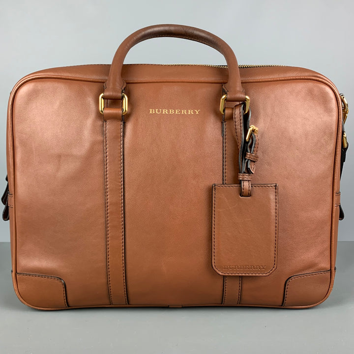 BURBERRY Tan Solid Leather Briefcase Bags
