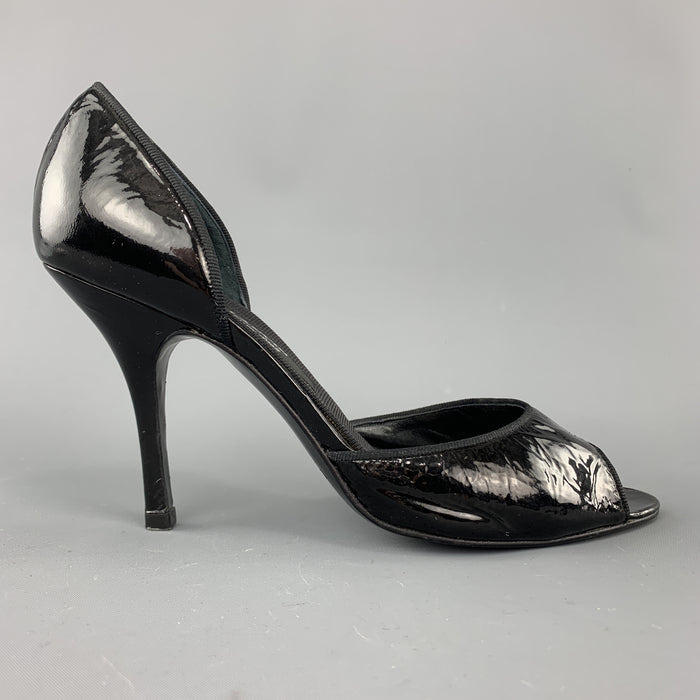 LANVIN Size 7 Black Patent Leather D'Orsay Peep Toe Pumps