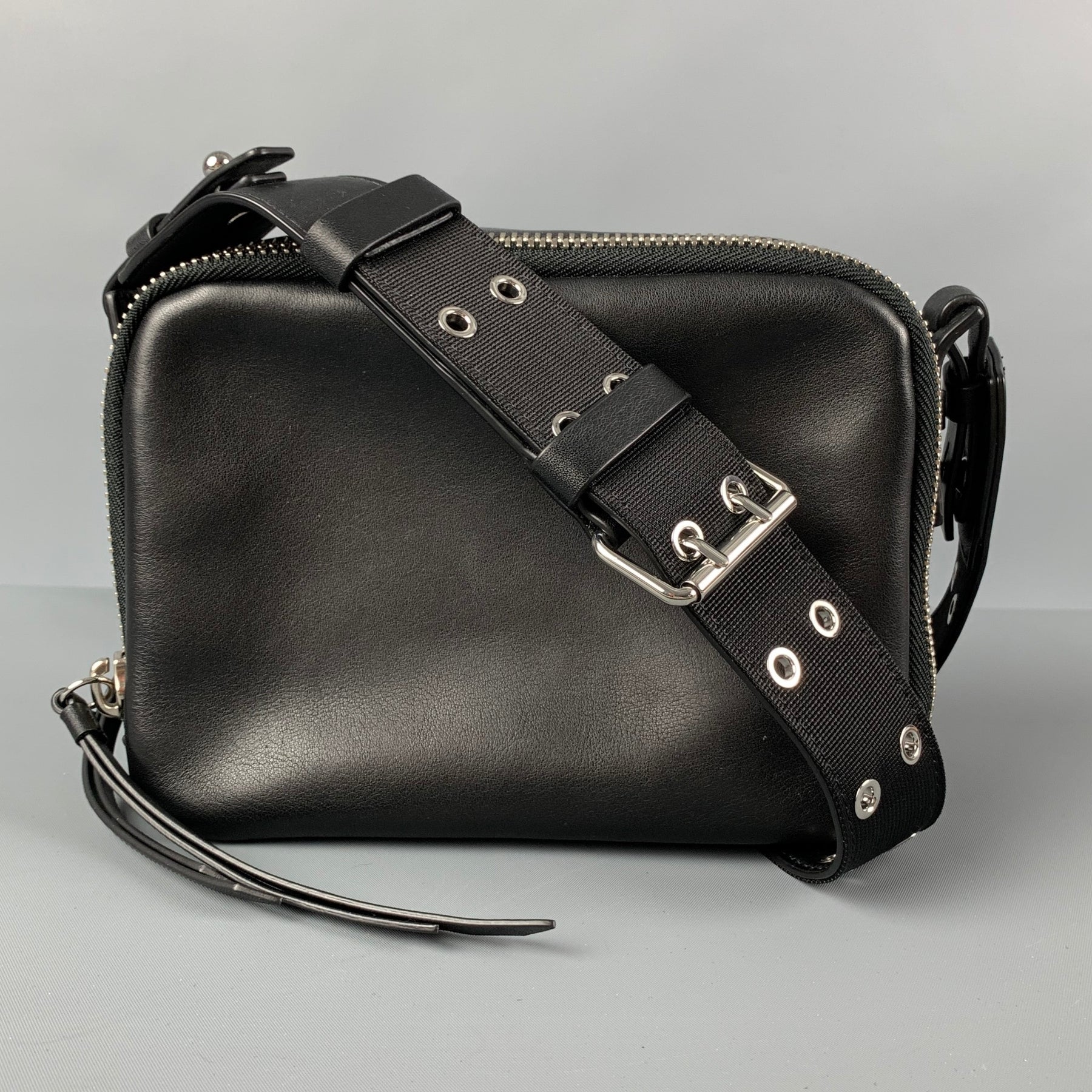 ALLSAINTS Black Silver Grommets Leather Nylon Cross Body Handbag