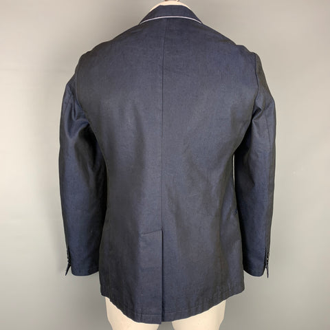 ARMANI COLLEZIONI Size 42 Navy & White Linen / Polyester Peak Lapel Sport Coat