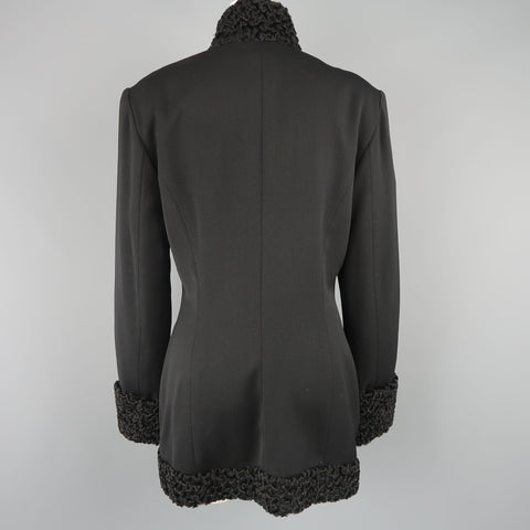 RALPH LAUREN Size 12 Black Wool High Collar Lamb Fur Trim Frog Closure Coat