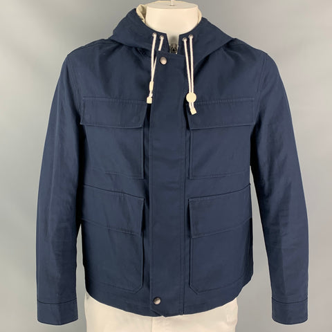 BURBERRY PRORSUM Spring 2014 Size 42 Navy Blue Coated Cotton Hooded Jacket
