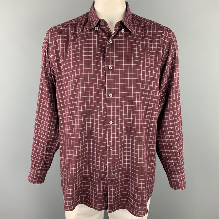 ERMENEGILDO ZEGNA Size XXL Burgundy & Cream Window Pane Cotton Long Sleeve Shirt