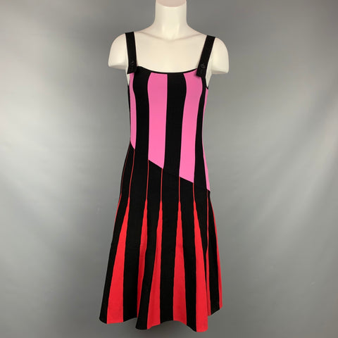 TOMAS MAIER Size 2 Black & Red Viscose / Polyester Stripe Mid-Calf A-line Dress
