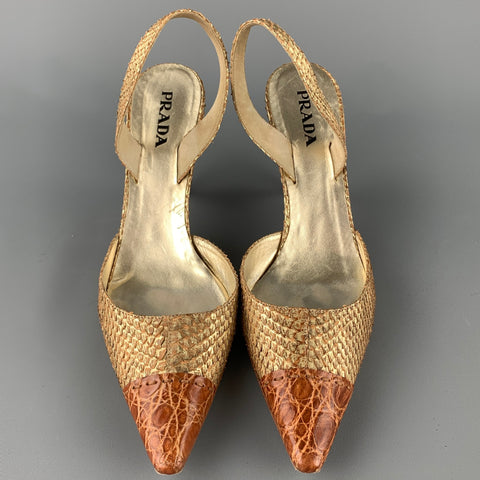 PRADA Lauren Size 9.5 Gold & Cognac Alligator Slingback Sandals