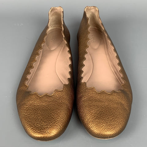 CHLOE Size 9 Gold Leather Scalloped Edge Ballet Flats