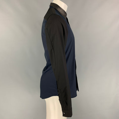 PRADA Size M Navy & Black Color Block Cotton Blend Mixed Fabrics Long Sleeve Shirt