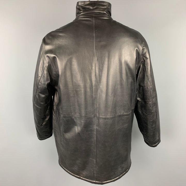 SALVATORE FERRAGAMO Size 42 Black Leather Zip & Snaps Reversible Coat
