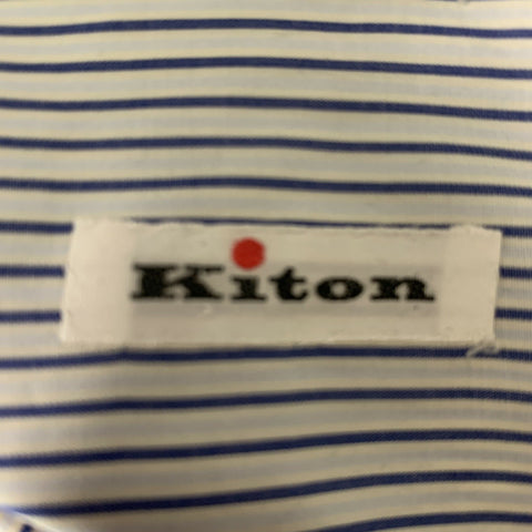 KITON Size M White & Navy Stripe Cotton Button Up Long Sleeve Shirt