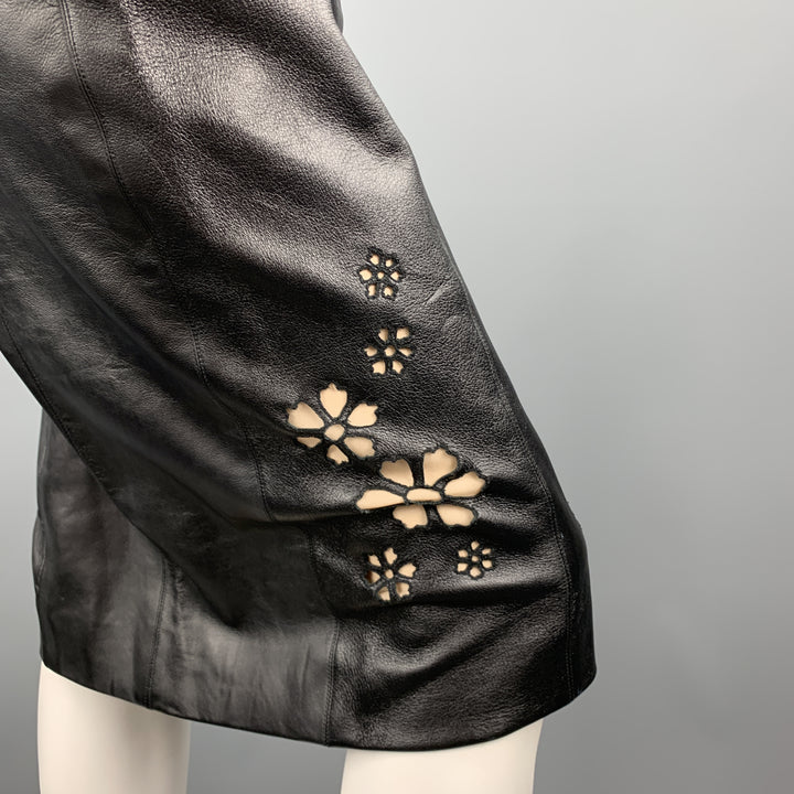 REEM ACRA Size 4 Black Leather Floral Cutout  Cocktail Dress