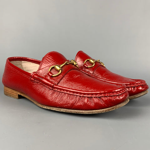 GUCCI Talla 9 Mocasines Horsebit sin cordones de charol rojo