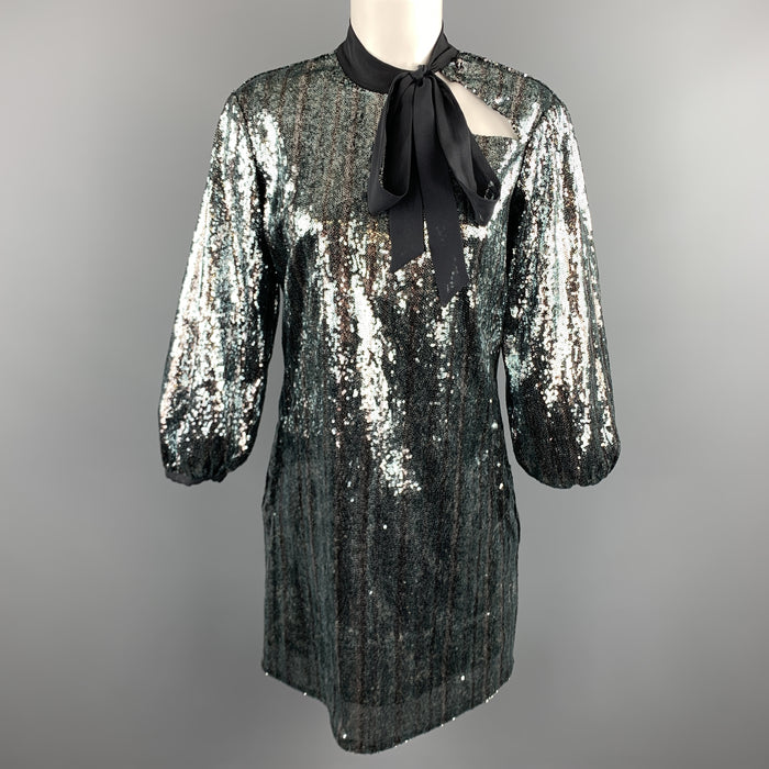 C'N'C by CoSTUME NATIONAL Size 6 Blue & Silver Sequin Black Bow Collar Dress