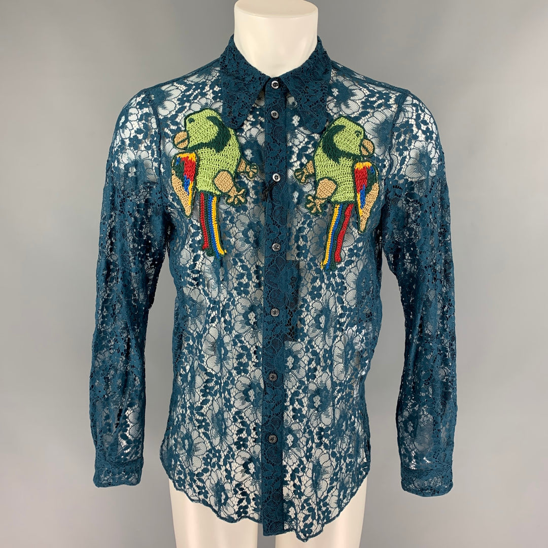 GUCCI S/S 16 Size L Teal Sheer Lace Embroidered Polyamide Blend Long Sleeve Shirt