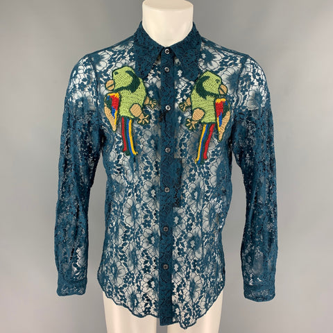 GUCCI S/S 16 Talla L Camisa de manga larga en mezcla de poliamida bordada con encaje transparente verde azulado