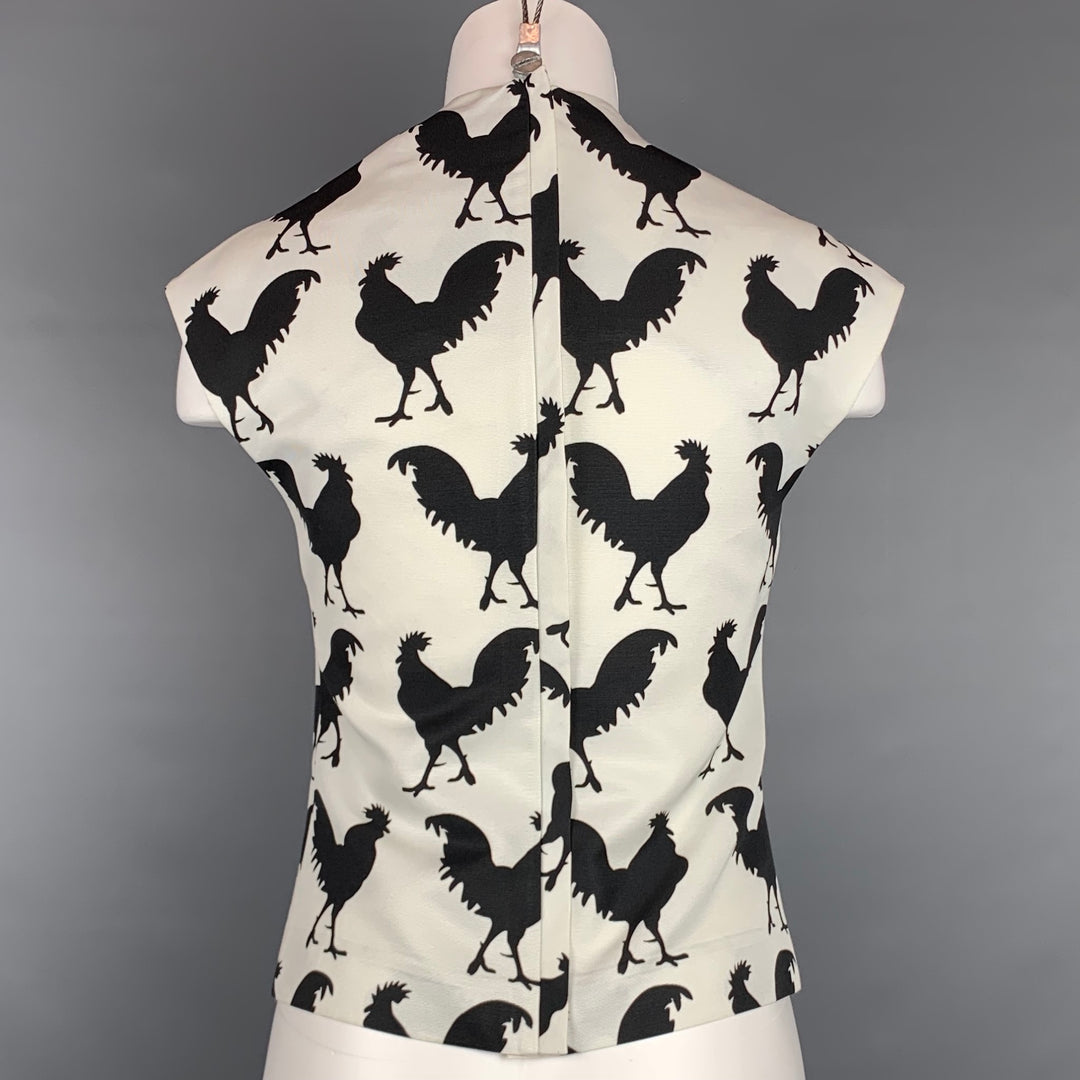AWAKE 2014 Talla 2 Blusa de algodón/viscosa con estampado de gallo de sarga blanca y negra